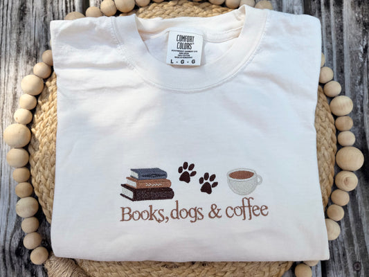 Books Dogs & Coffee Embroidered T Shirt