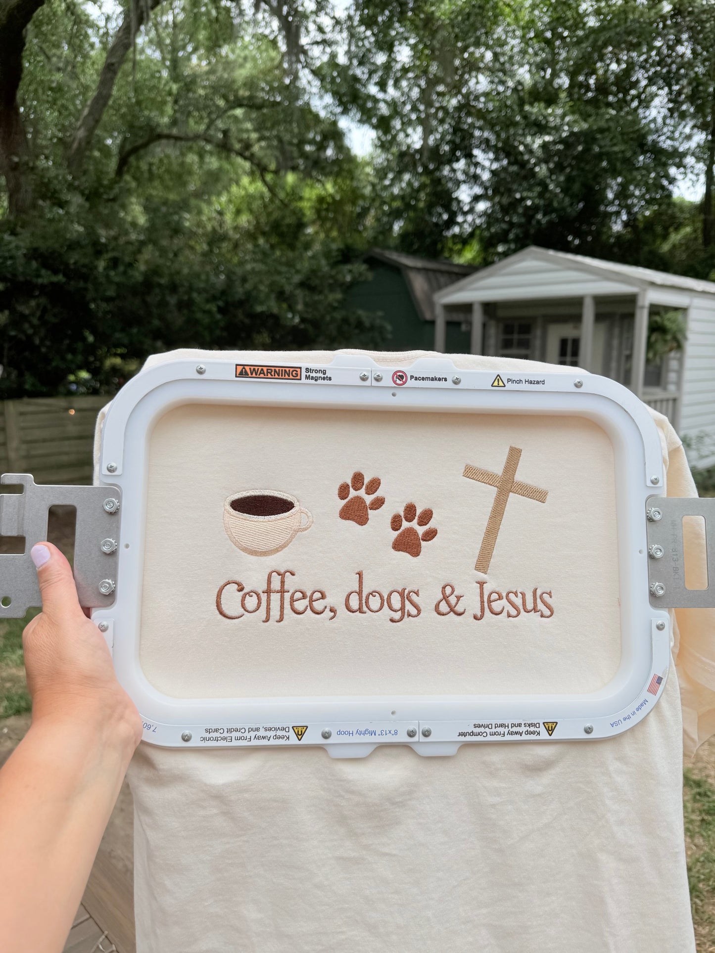 Coffee, dogs & Jesus  Embroidered T Shirt