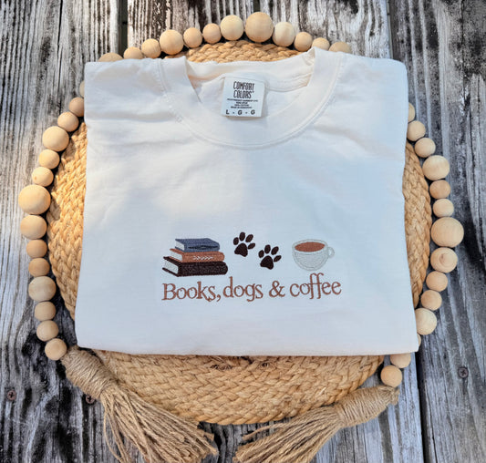 Books Dogs & Coffee Embroidered T Shirt