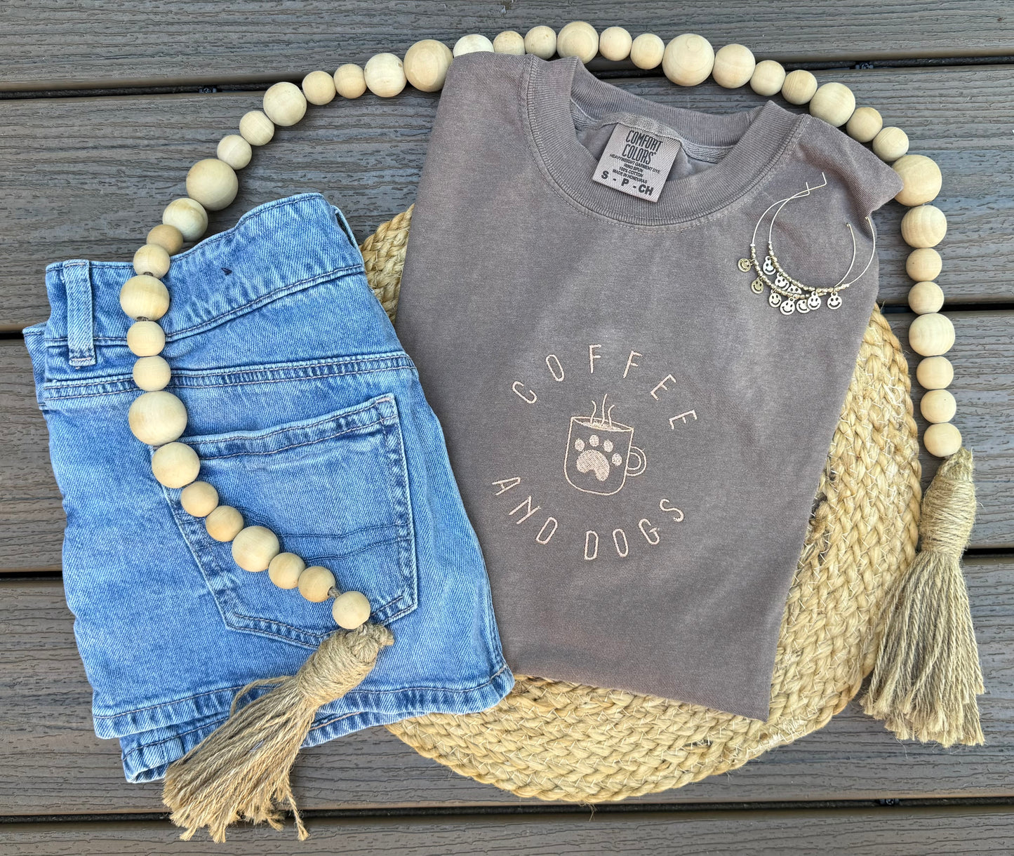 Coffee & Dogs Embroidered   T-shirt