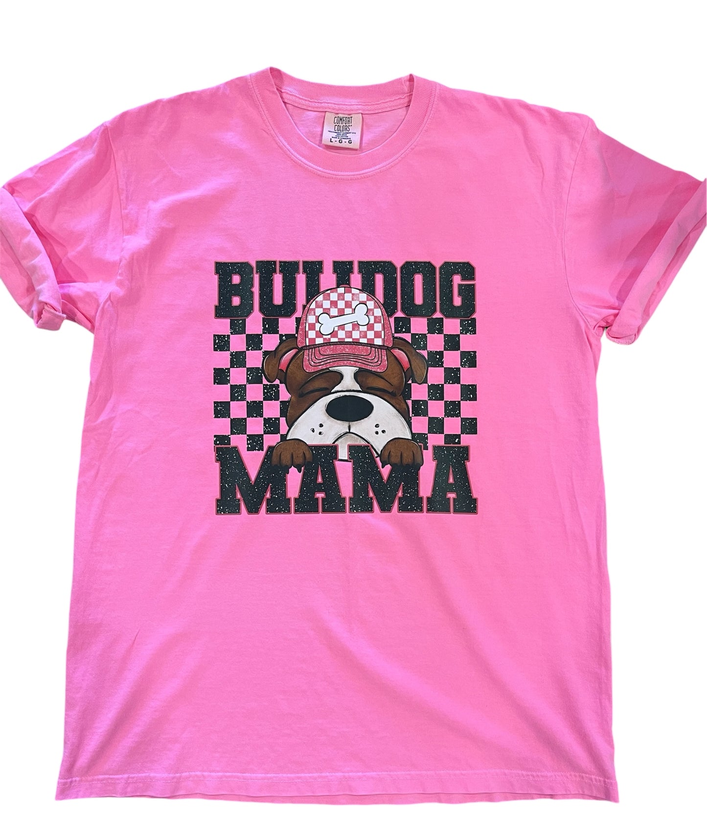 Checkered Bulldog Mama T-shirt (Neon Pink)
