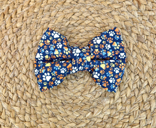 Dog Collar Bowtie - Navy blue & tiny multi colored paw prints