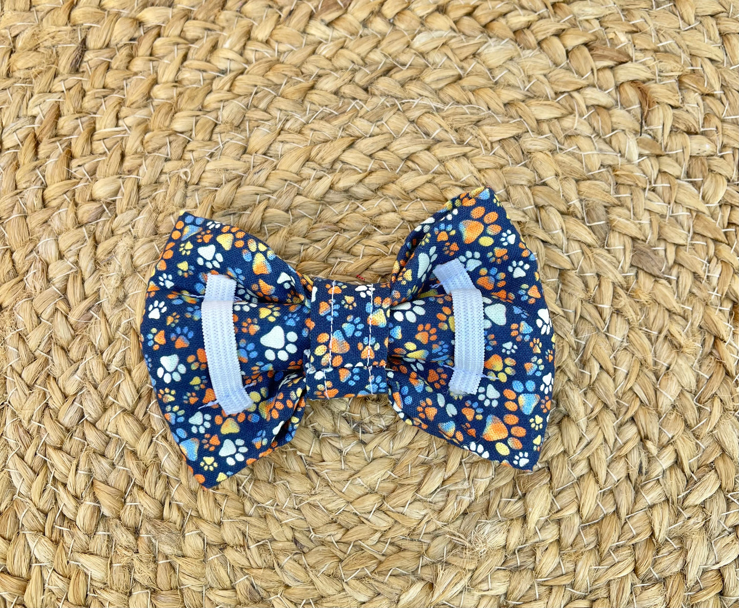 Dog Collar Bowtie - Navy blue & tiny multi colored paw prints