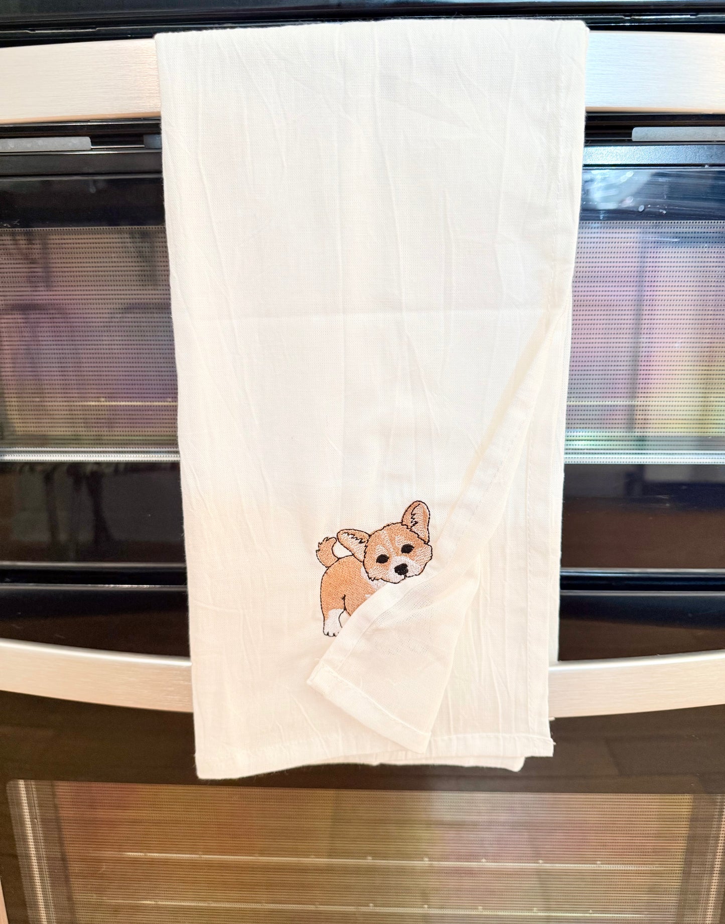 Embroidered Kitchen Tea towel - Kitchen helper, Corgi