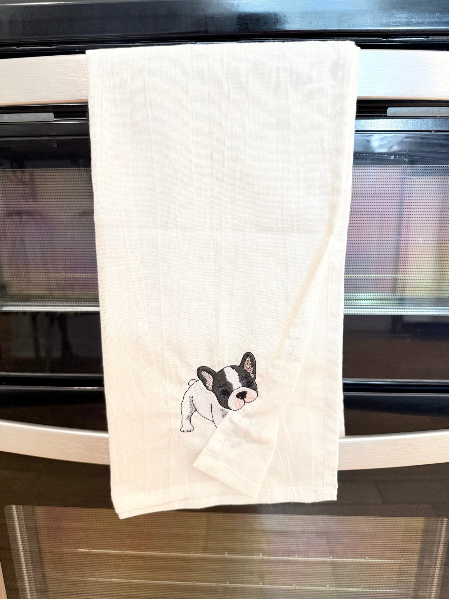 Embroidered Kitchen Tea towel - Kitchen helper, French Bulldog