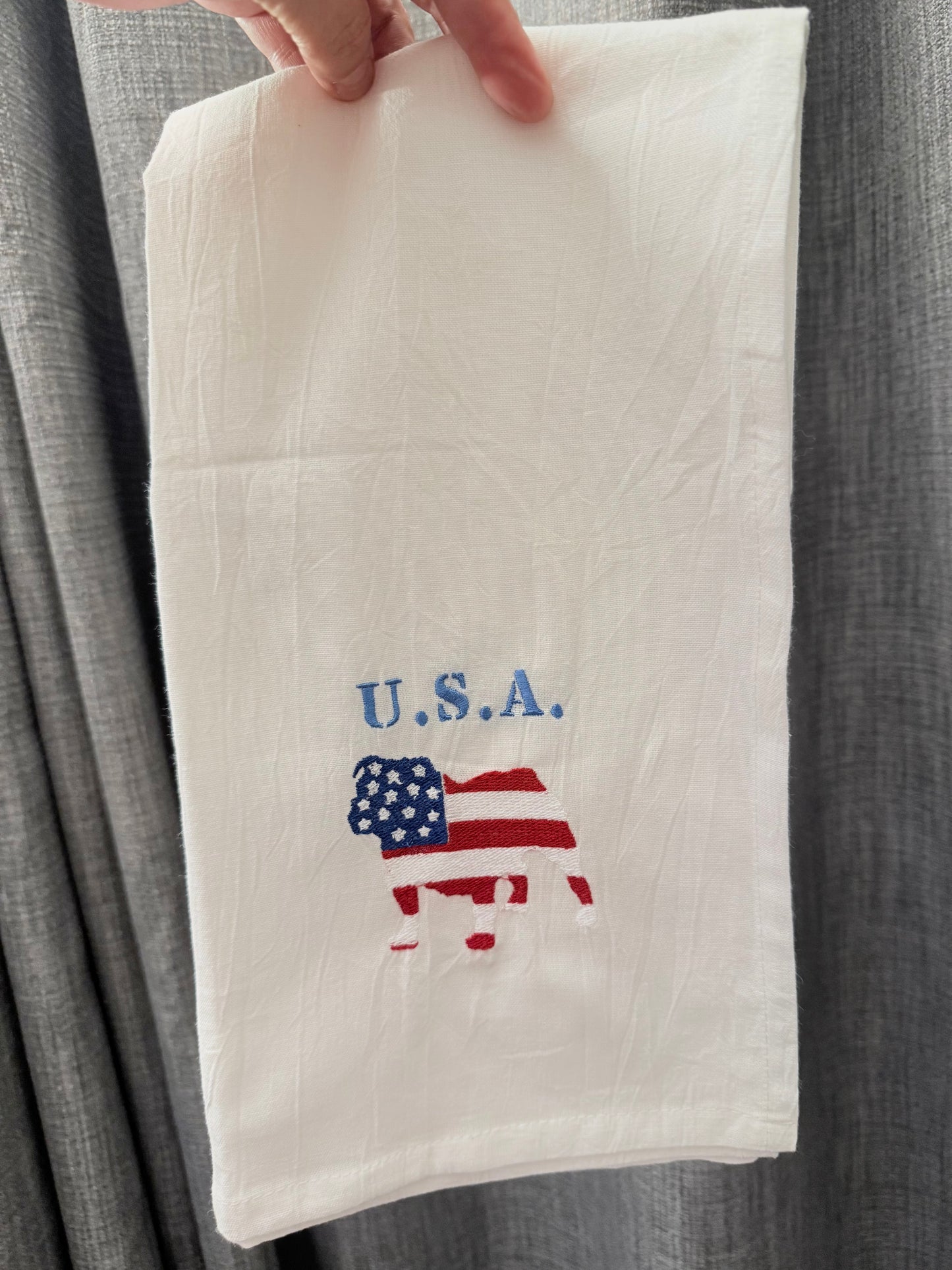 Patriotic Bulldog Embroidered Kitchen Towel
