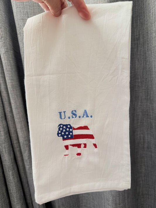Patriotic Bulldog Embroidered Kitchen Towel