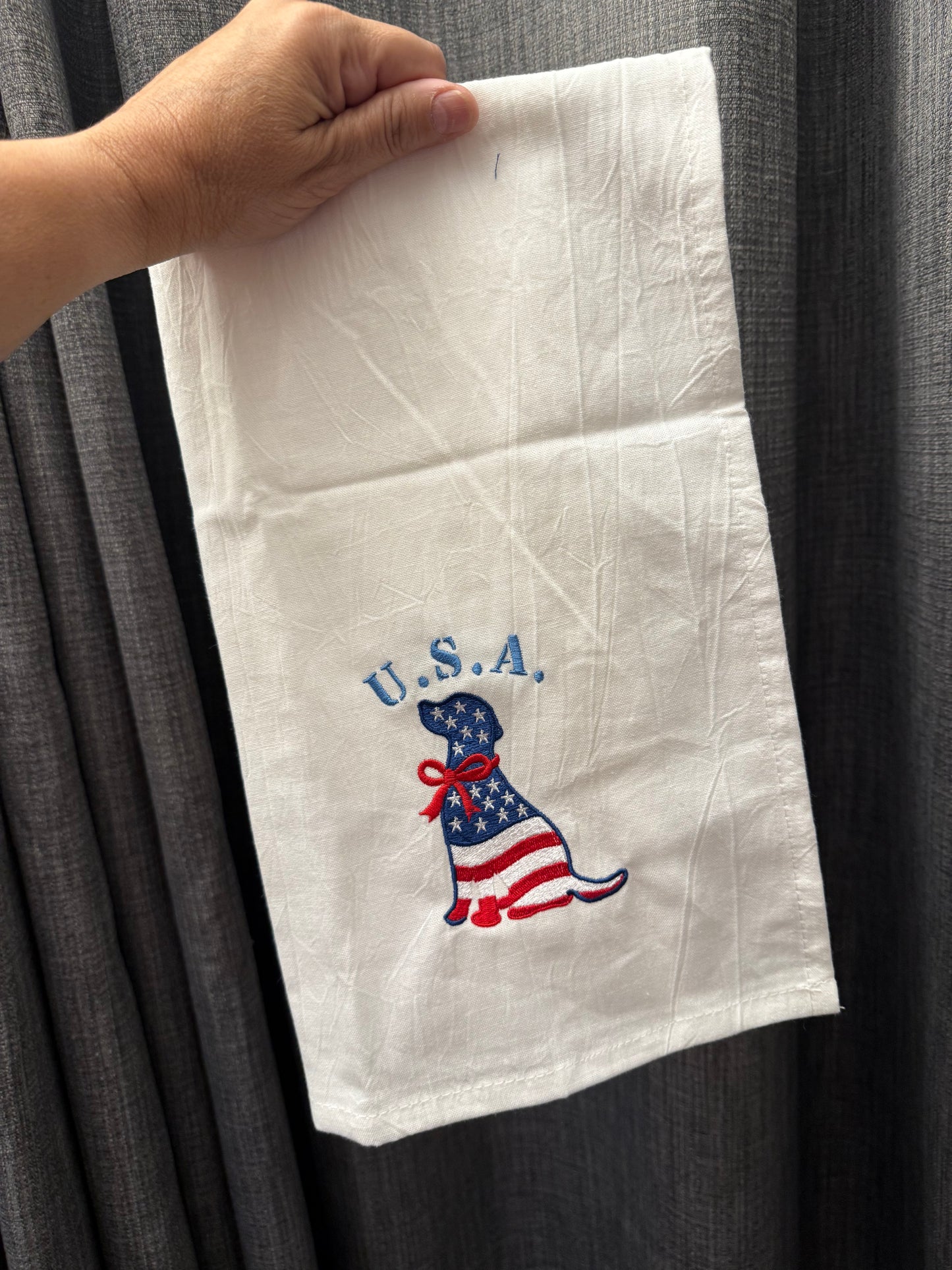 Patriotic Dog w/bow Embroidered Kitchen Towel