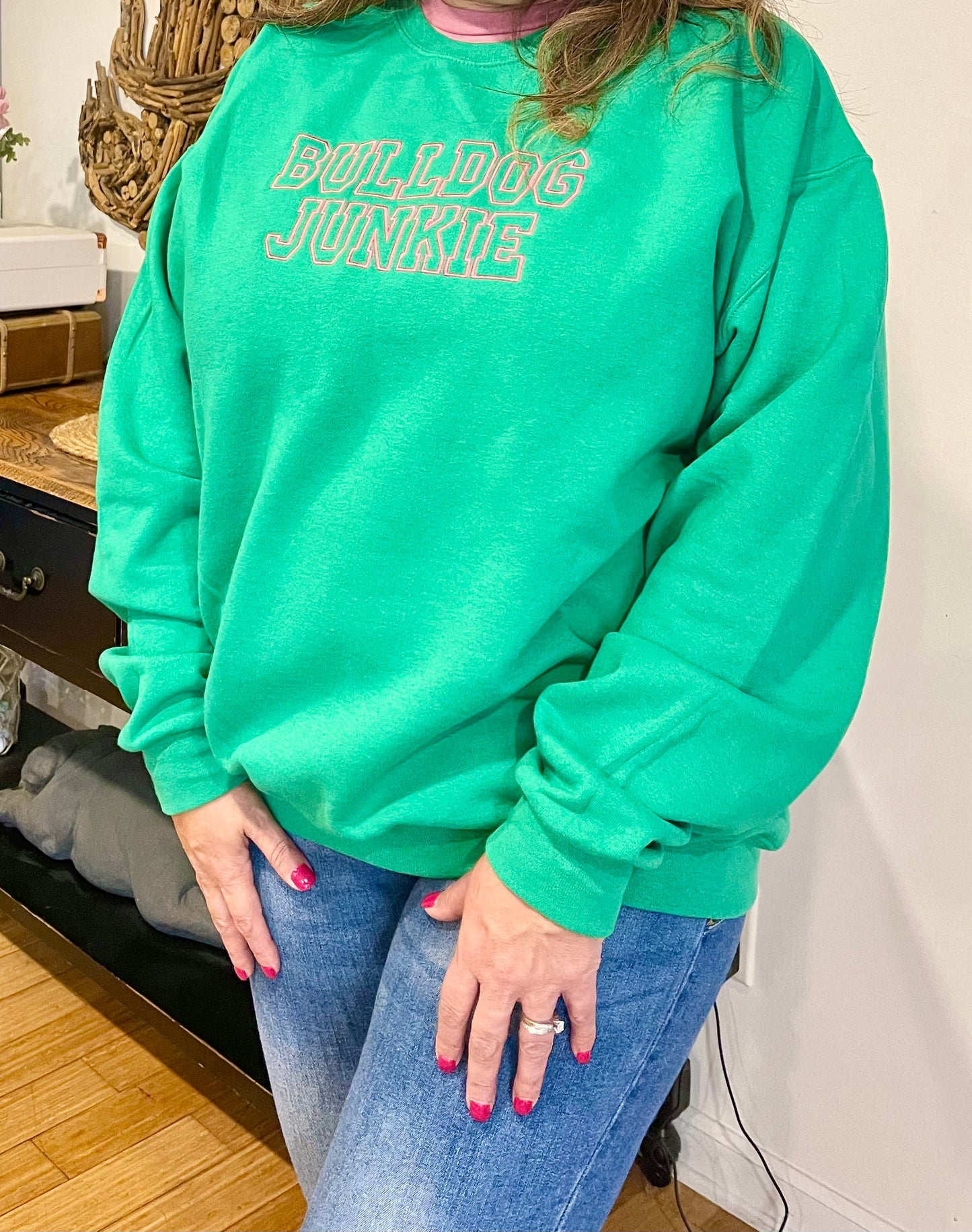 Bulldog Junkie - Embroidered Crewneck (Kelly Green)